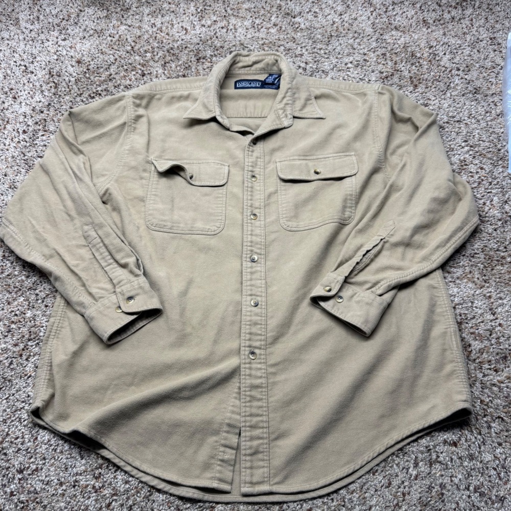 Lands End Mens Tan Button Down Shirt Long Sleeve Heavyweight Large 16-16.5